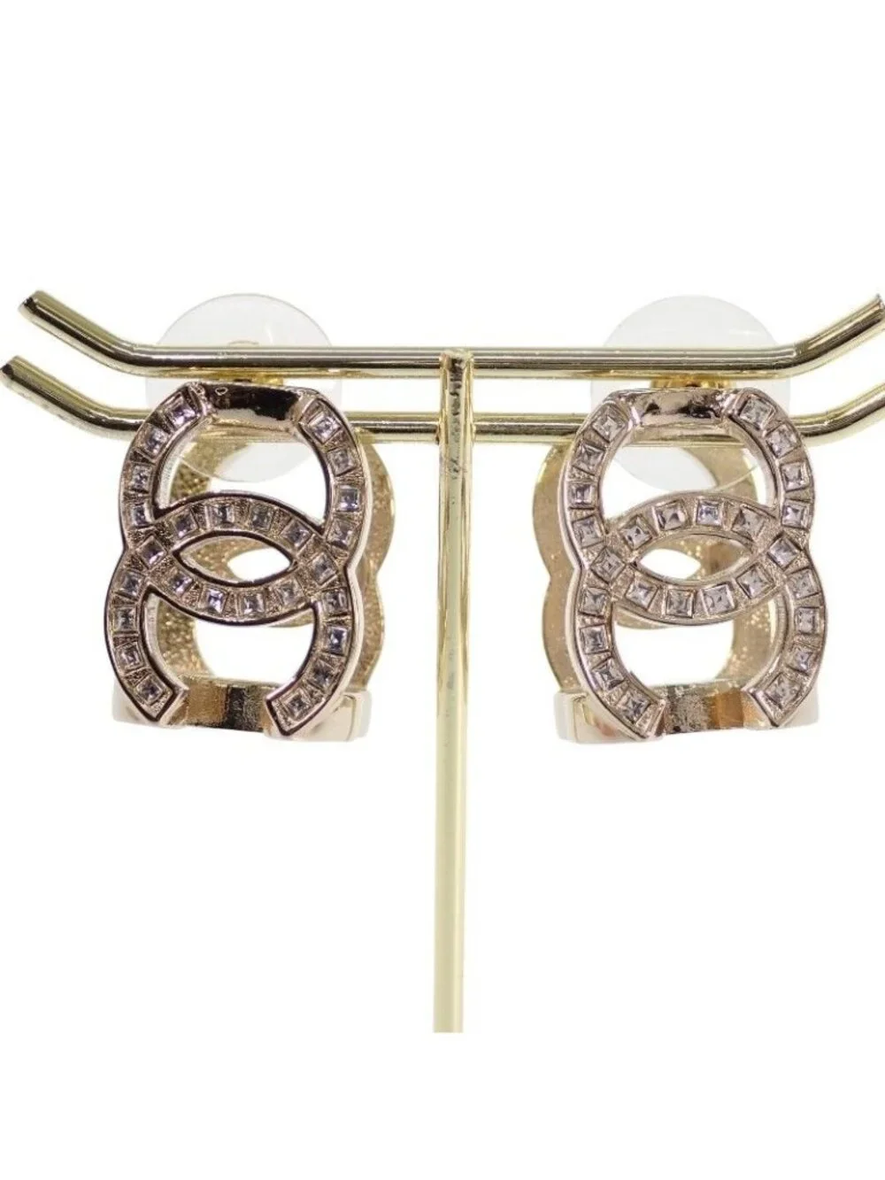 Chanel Triple CC Logo Hoop Earrings Metal Crystal with Gold